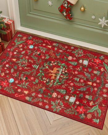 Lahome Alfombra bohemia lavable de Navidad con patrones de ciervos, muñeco de nieve, decoración floral festiva para el hogar, color rojo, 2 x 3 pulgadas