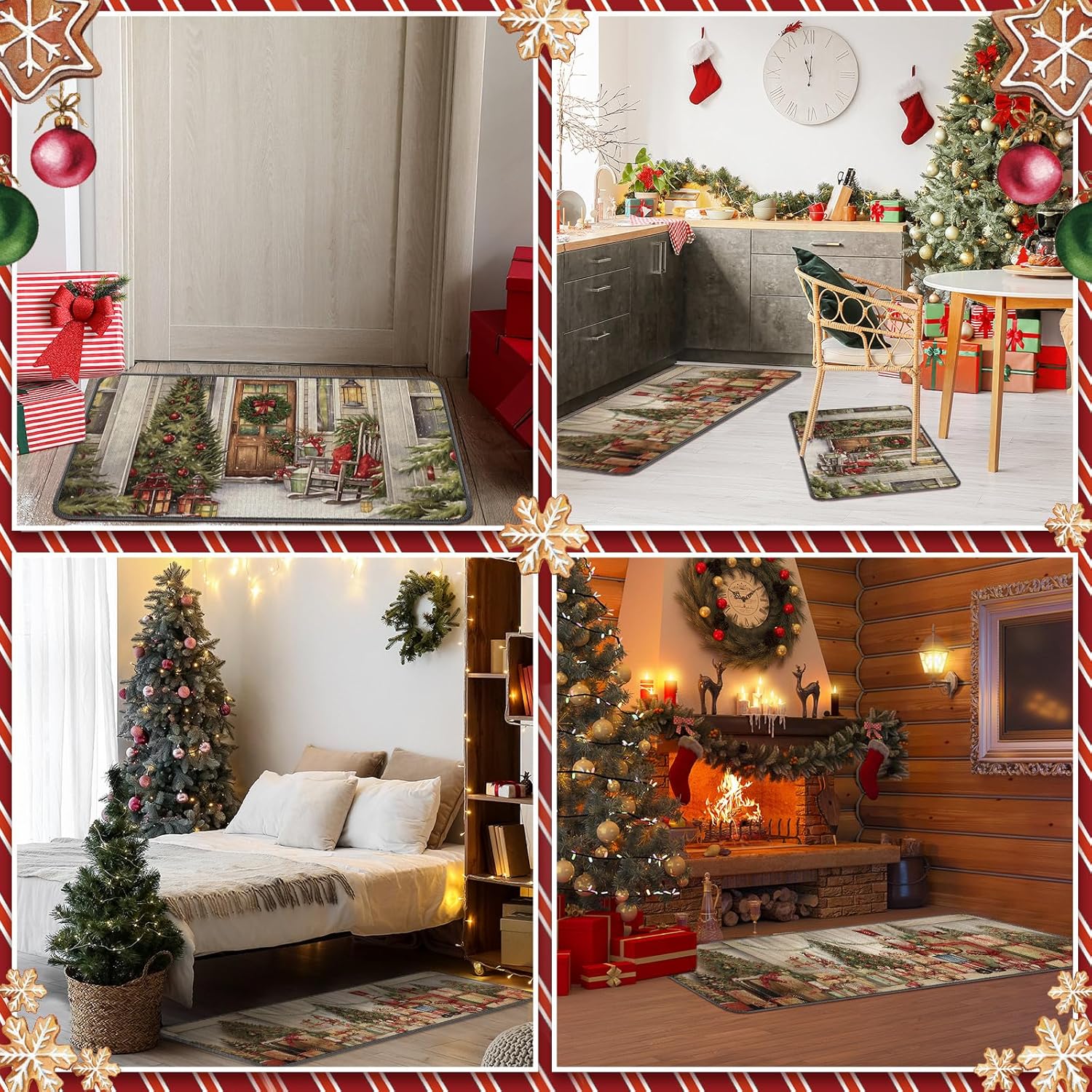 Ceenna Juego de 2 alfombras y tapetes de cocina de invierno, copos de nieve, renos, vacaciones, fregadero, cocina, baño, árbol de Navidad, decoración para el hogar, 17 x 30 pulgadas, 17 x 47 pulgadas