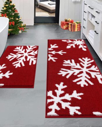 Bsmathom Juego de 2 alfombras de baño de Navidad, antideslizantes, para baño, alfombras de baño de microfibra absorbente, alfombras de baño de microfibra peludas de felpa de Navidad, copos de nieve,