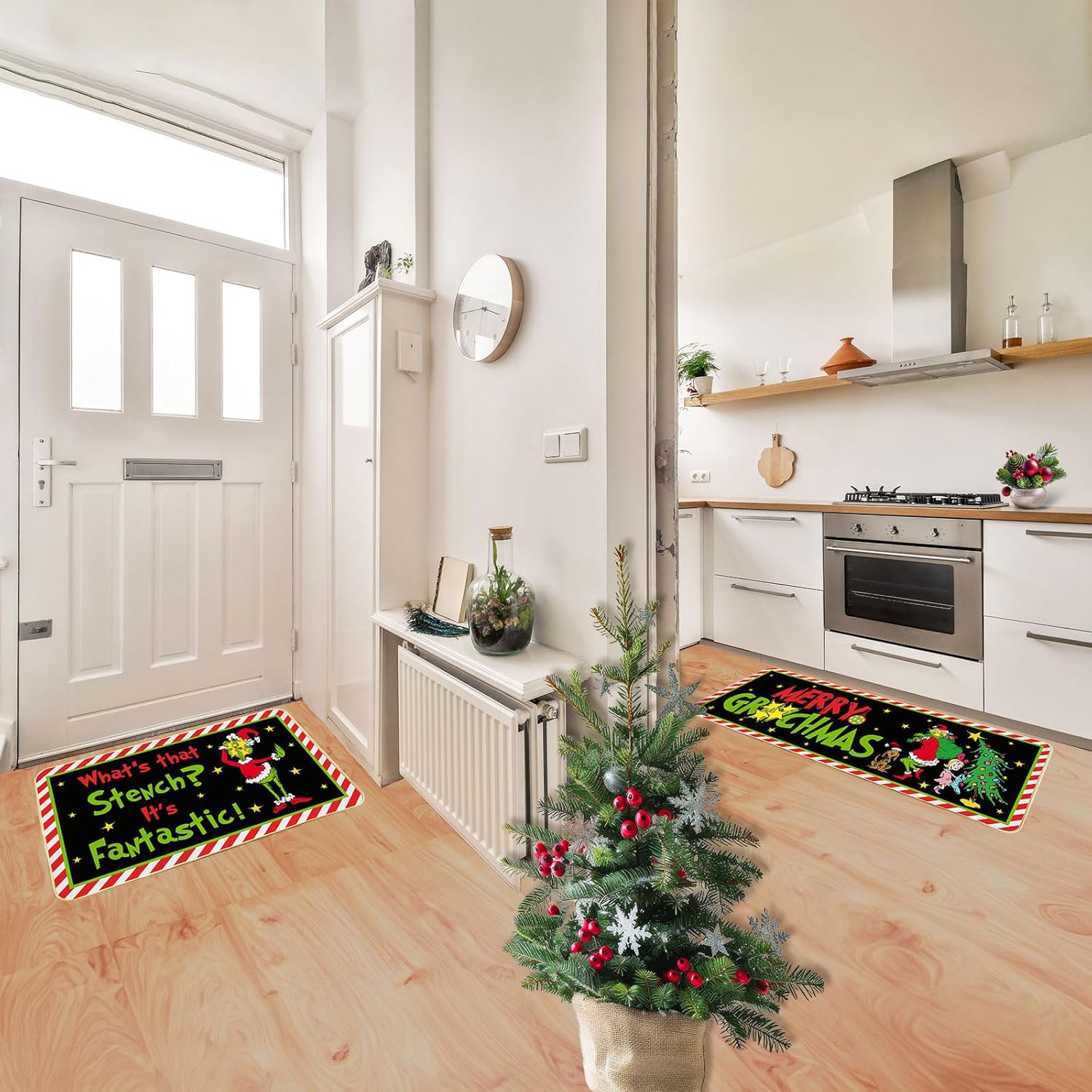 Decoraciones de cocina navideñas, divertidas alfombrillas de cocina navideñas, juego de 2 alfombras de cocina navideñas para piso, alfombras de área apestosas y apestosas, novedosos tapetes de Navidad