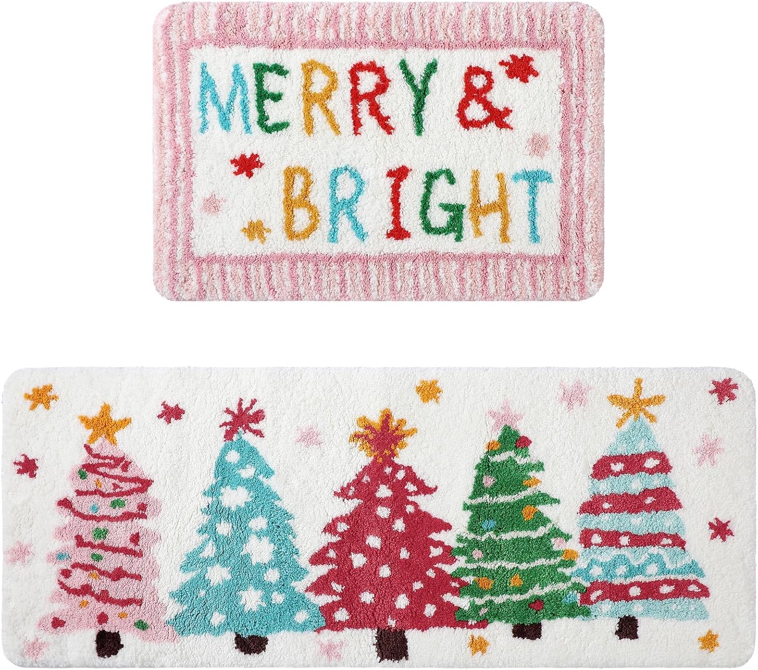 Juego de 2 alfombras de baño de Navidad de felpa suave rosa para árbol de Navidad, parte trasera antideslizante, lavable, absorbente para baño, alfombra decorativa de Navidad, invierno