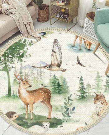 Alfombra redonda de 4 pies con borlas redondas de animales en acuarela, patrón sin costuras, lindo ciervo, búho, ermiín, mano, círculo, alfombras para sala de juegos, guardería, sala de estar,