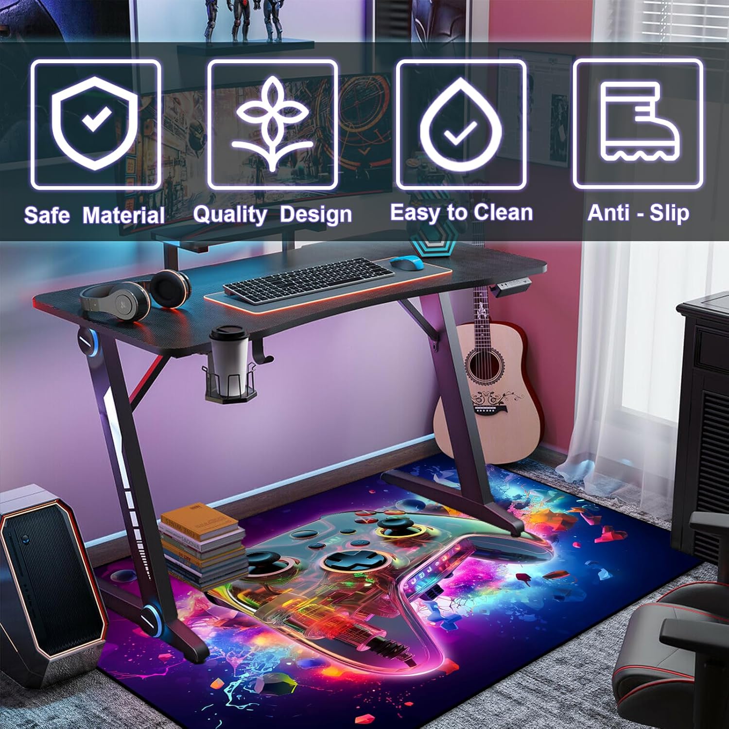 Alfombra de área de juegos para adolescentes, tapete transparente 3D de gamepad y fondo de bomba colorida, diseño de controlador para sala de juegos, sala de juegos, dormitorio de niños y niñas, sala