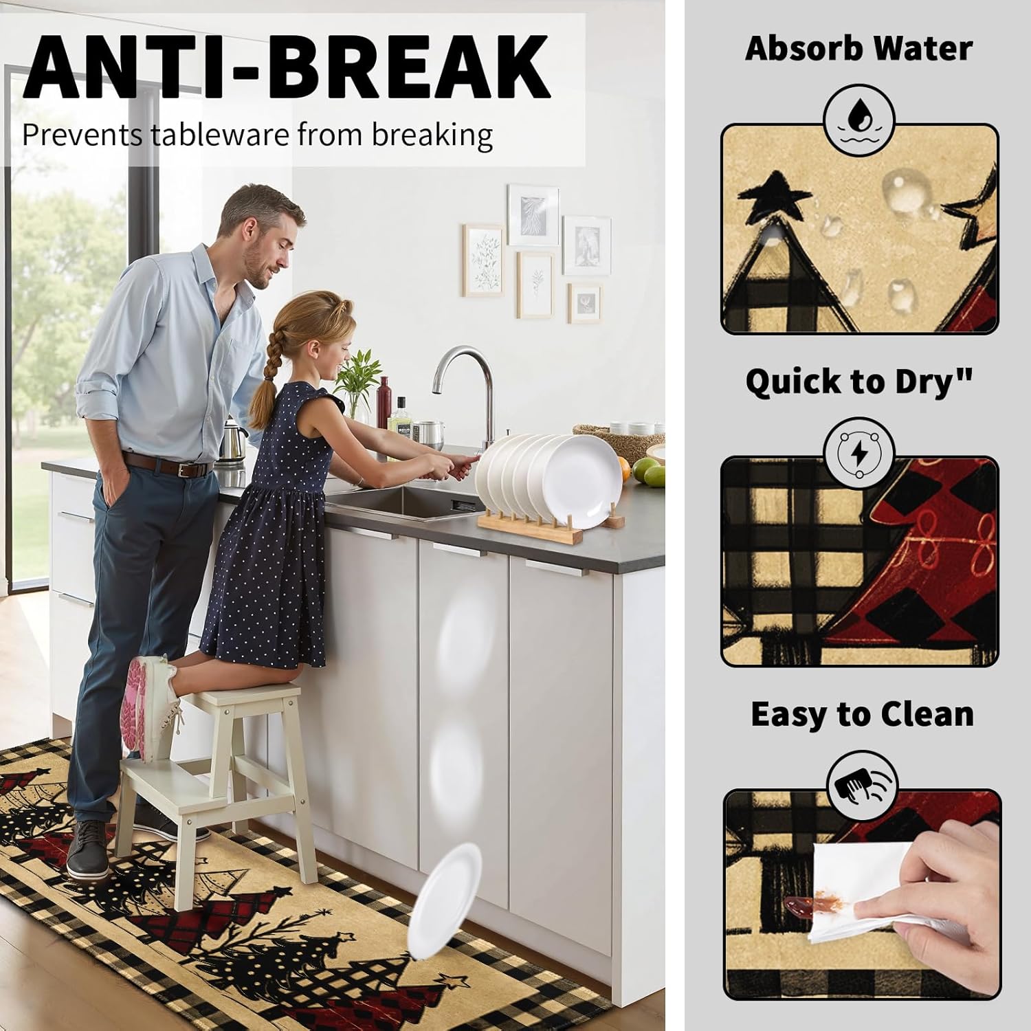 Robvobe Merry Christmas Kitchen Mats Set of 2 Xmas Tree Black Red Buffalo Plaid Print Winter Kitchen Rugs Runner Holiday Absorbent Non Slip Comfort Mat for Kitchen Floor Decor, 17"x30"+17"x47"