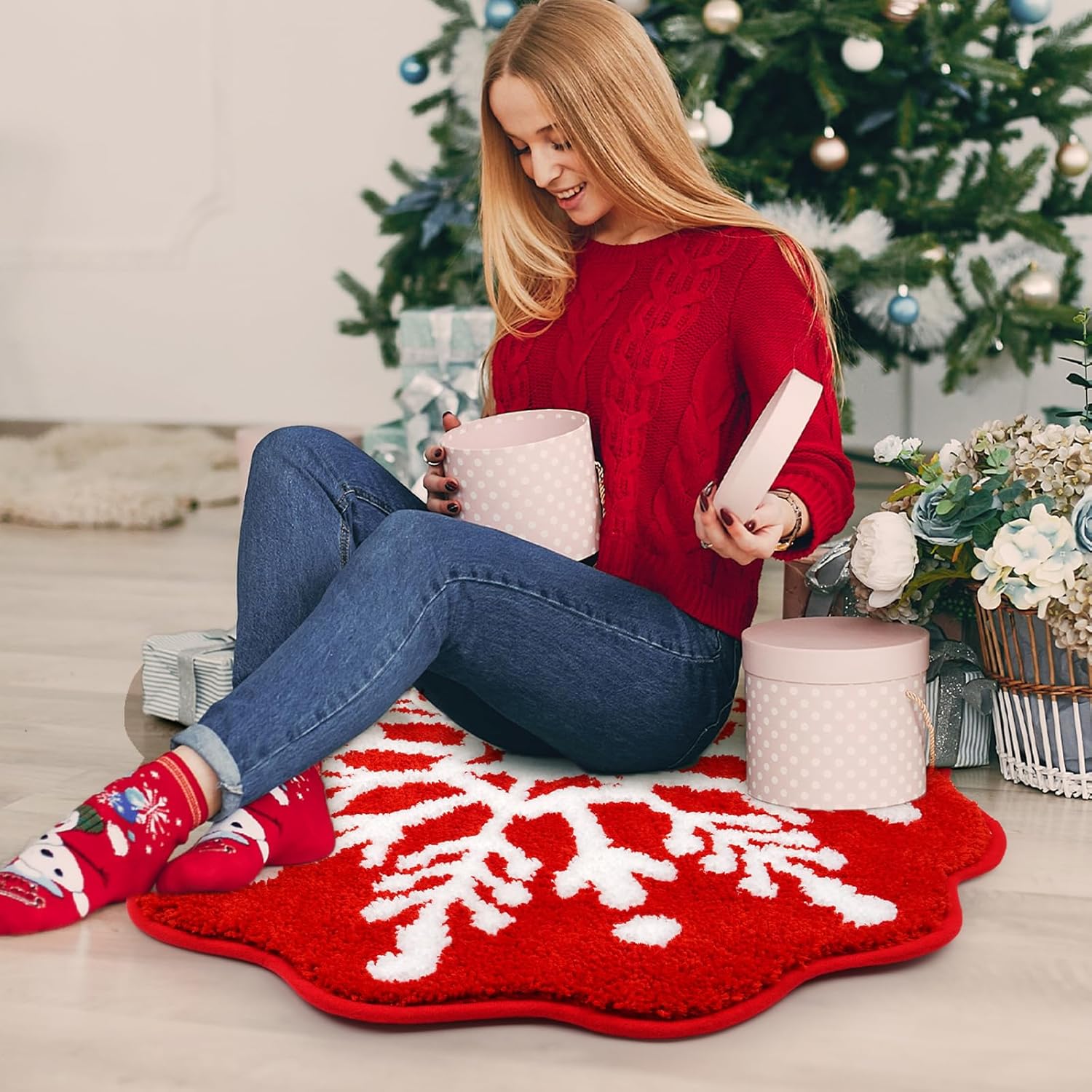 Alfombras de baño de Navidad para baño, alfombra de baño con forma de copo de nieve rojo, alfombras de baño suaves y absorbentes, alfombra antideslizante para ducha, baño y dormitorio