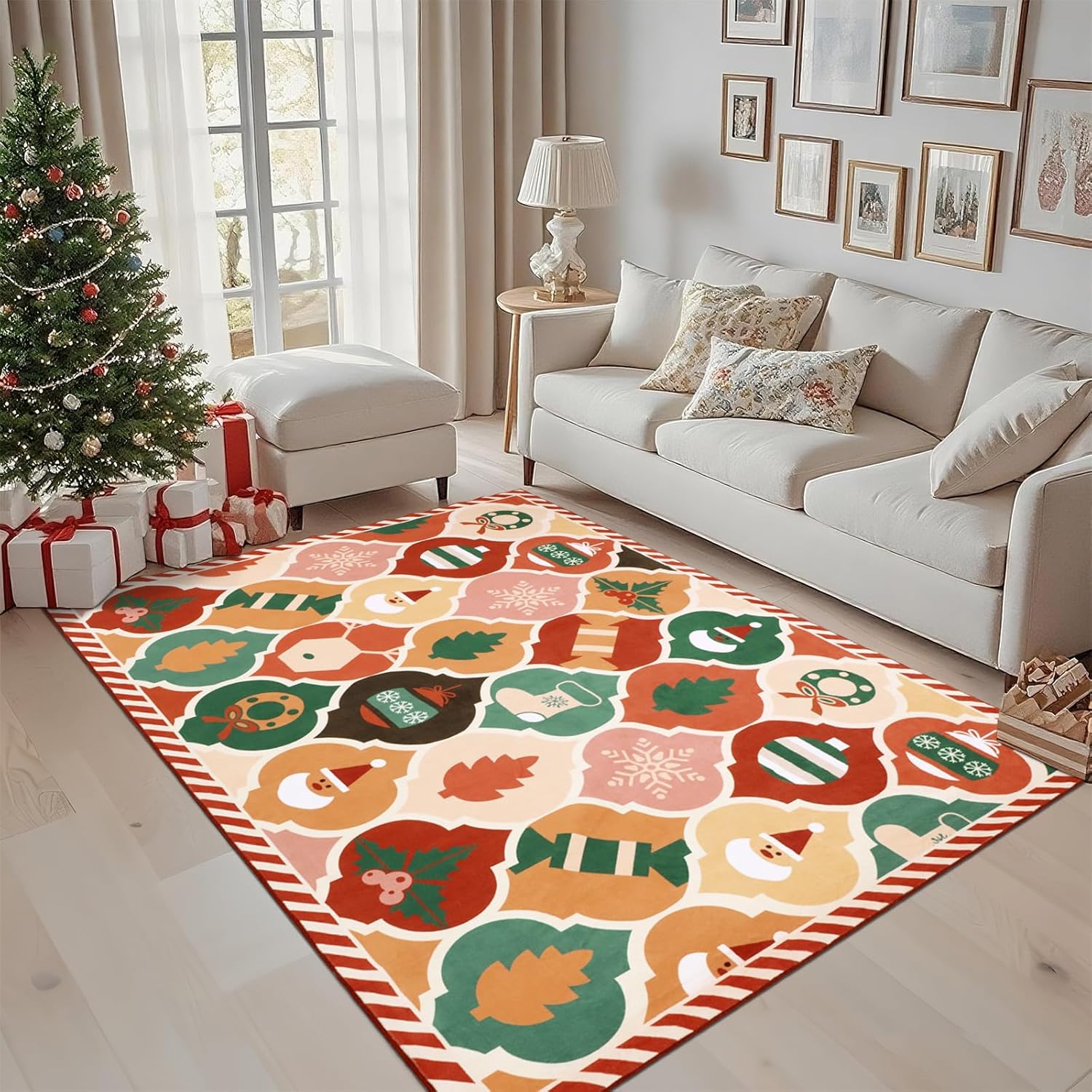 nesrt Alfombras de área de Navidad de 5 x 7 pies, lavables, coloridas alfombras de Navidad con enrejado marroquí para sala de estar, dormitorio, alfombra de pelo bajo que no se desprende, alfombra suave para guardería, comedor, cocina, sala de juegos, decoración de vacaciones