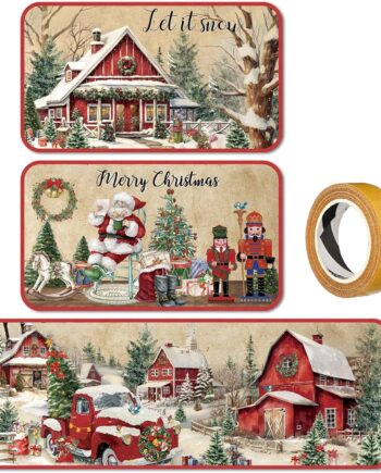 SATINIOR Juego de 3 alfombras y tapetes de cocina de Navidad, vintage, antideslizantes, lavables, cascanueces, Papá Noel, rojo, camión, decoración de cocina para el hogar, baño, oficina, fiesta