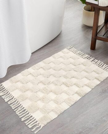 Lanffia Alfombra bohemia copetuda a cuadros de 2 x 3 pies, color beige, lavable con borlas, para interiores, casa de campo, cocina, baño, lavandería, puerta, dormitorio, sala de estar
