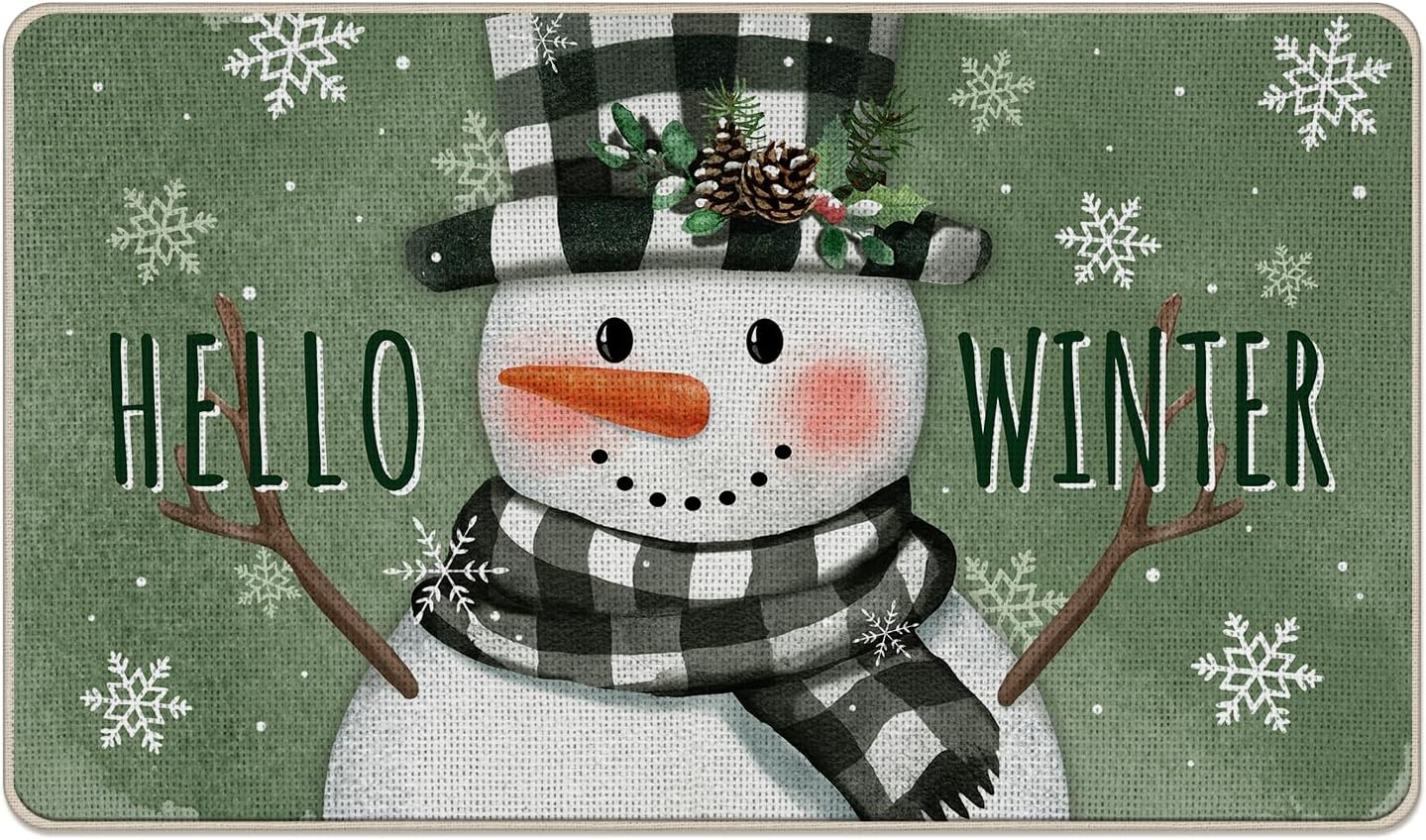 Tapete decorativo para puerta delantera, diseño de muñeco de nieve con diseño de muñeco de nieve de Hello Winter, tapete antideslizante para interiores y exteriores, decoración de temporada