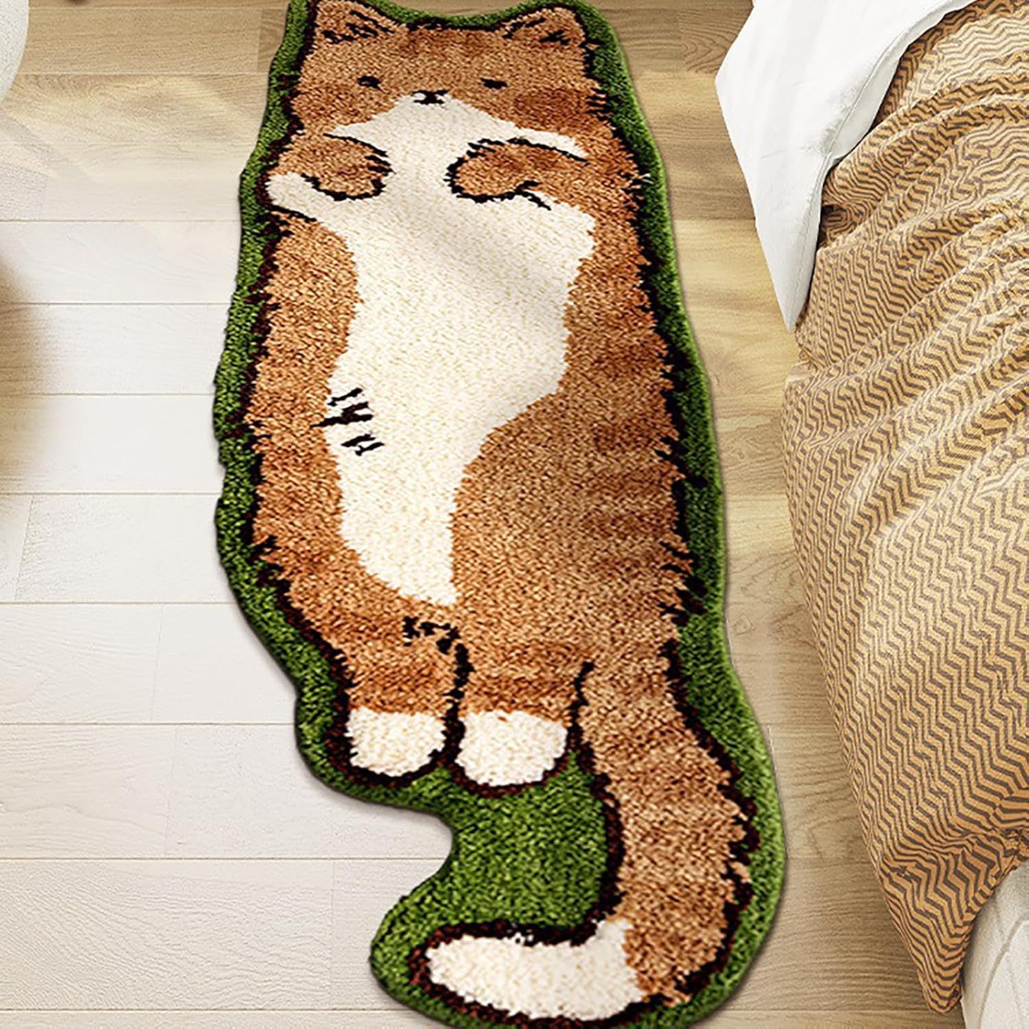 Alfombra de noche suave y peluda con diseño de gato con forma irregular, lavable a máquina (15.75 x 47.24 pulgadas)