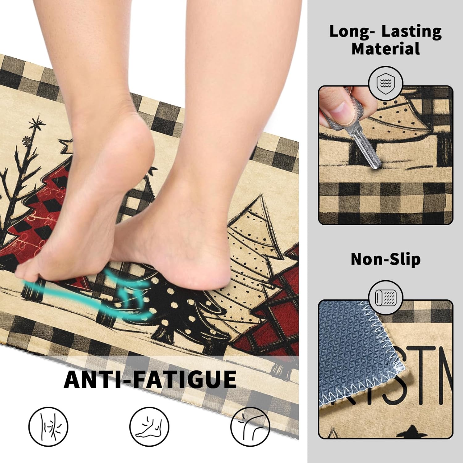 Robvobe Merry Christmas Kitchen Mats Set of 2 Xmas Tree Black Red Buffalo Plaid Print Winter Kitchen Rugs Runner Holiday Absorbent Non Slip Comfort Mat for Kitchen Floor Decor, 17"x30"+17"x47"