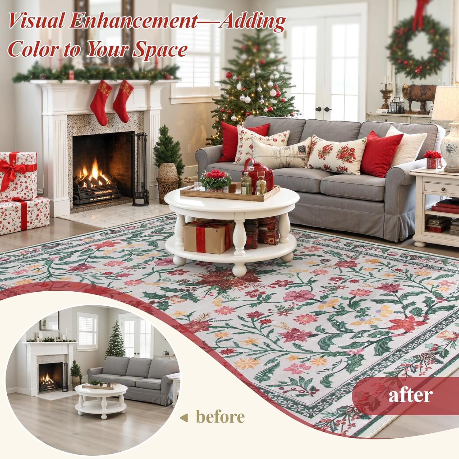 Wonnitar Tapete redondo y lavable de 5 pies, para Navidad, para dormitorio y habitación niños, con estampado de flores de Pascua, bohemio, para comedor, sala o debajo del árbol de Navidad, decorativo