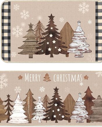 2 tapetes de cocina marrones para decoración de árbol de madera, nieve, Navidad, vacaciones, invierno, Navidad, para vacaciones, exteriores, hogar, decoración de granja, 17 x 29 pulgadas, 17