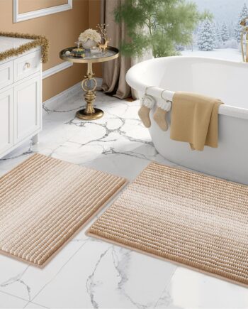 BSICPRO - Juego de alfombras y tapetes de baño, 2 piezas de felpilla gruesa y absorbente, antideslizante, suave y peluda, lavable en lavadora (20 x 32 pulgadas más 16 x 24 pulgadas, beige)