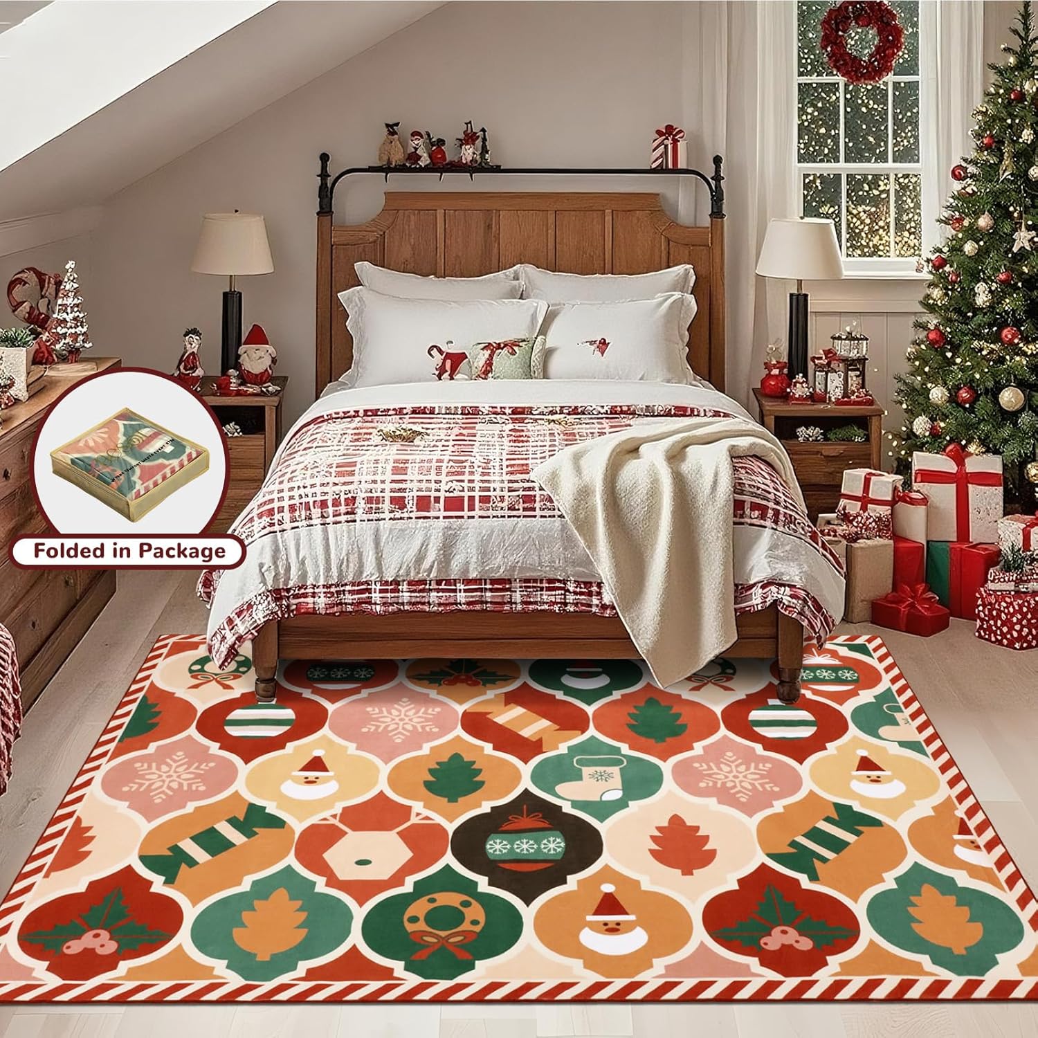 nesrt Alfombras de área de Navidad de 5 x 7 pies, lavables, coloridas alfombras de Navidad con enrejado marroquí para sala de estar, dormitorio, alfombra de pelo bajo que no se desprende, alfombra suave para guardería, comedor, cocina, sala de juegos, decoración de vacaciones