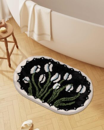 Alfombra de baño pequeña, diseño floral bohemio en blanco y negro, antideslizante, lavable, absorbente, tapete estético para baño, dormitorio, cocina, puerta, decoración (negro)