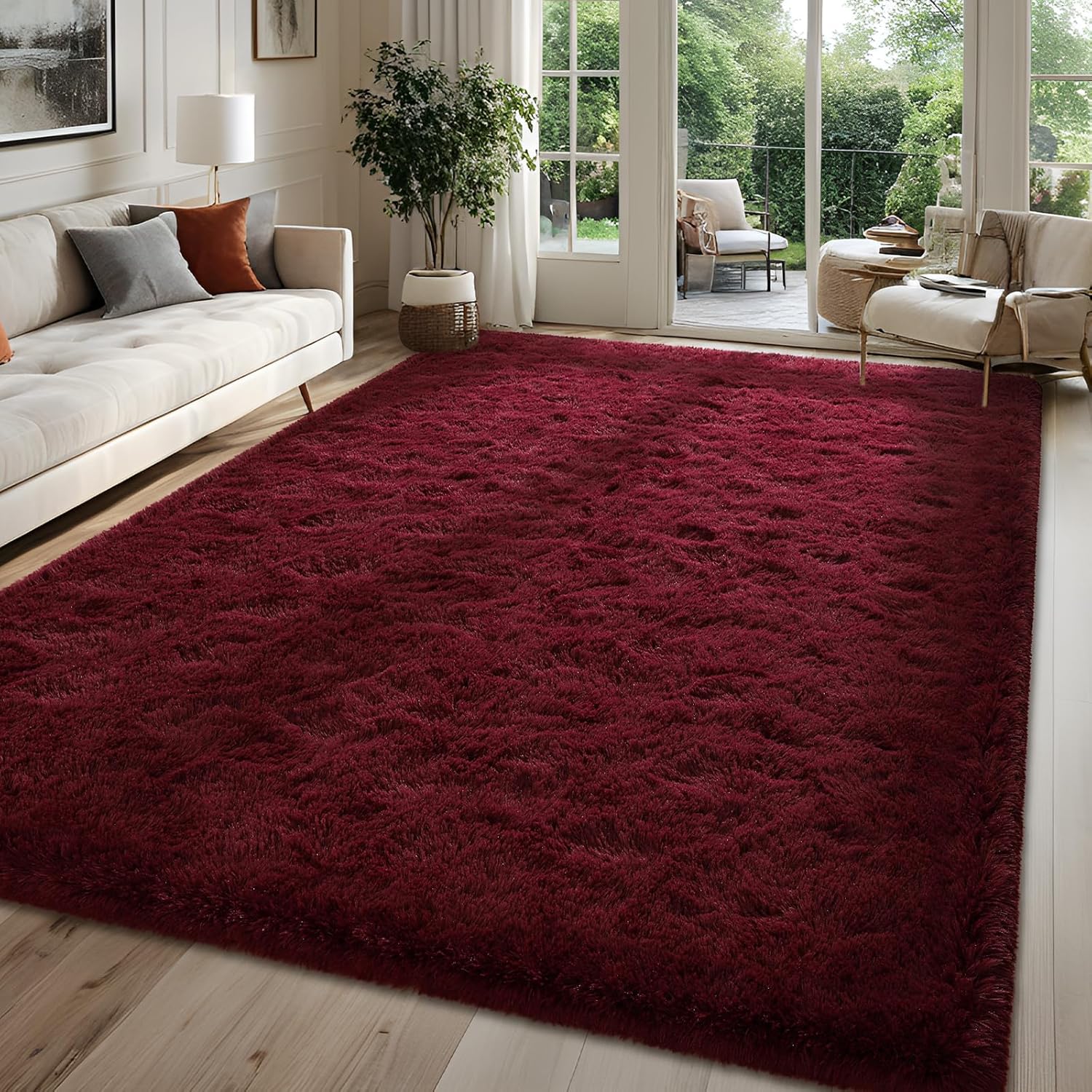 Alfombras peludas de color rojo burdeos para dormitorio, 4 x 6 pies, alfombra de área de color rojo oscuro para sala de estar, alfombra de suelo suave y lanuda para dormitorio de niños y niñas,