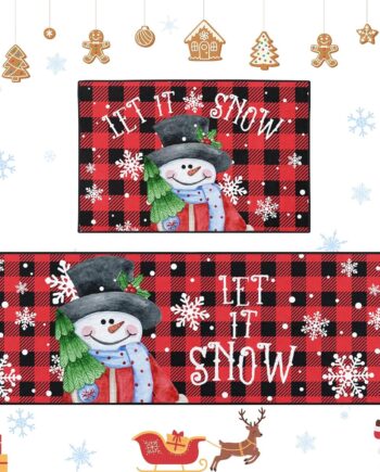 Juego de 2 alfombras y tapetes de cocina de Navidad, antideslizantes, lavables, tapete de piso de muñeco de nieve, alfombra roja de búfalo, decoración de cocina de copos de nieve de invierno