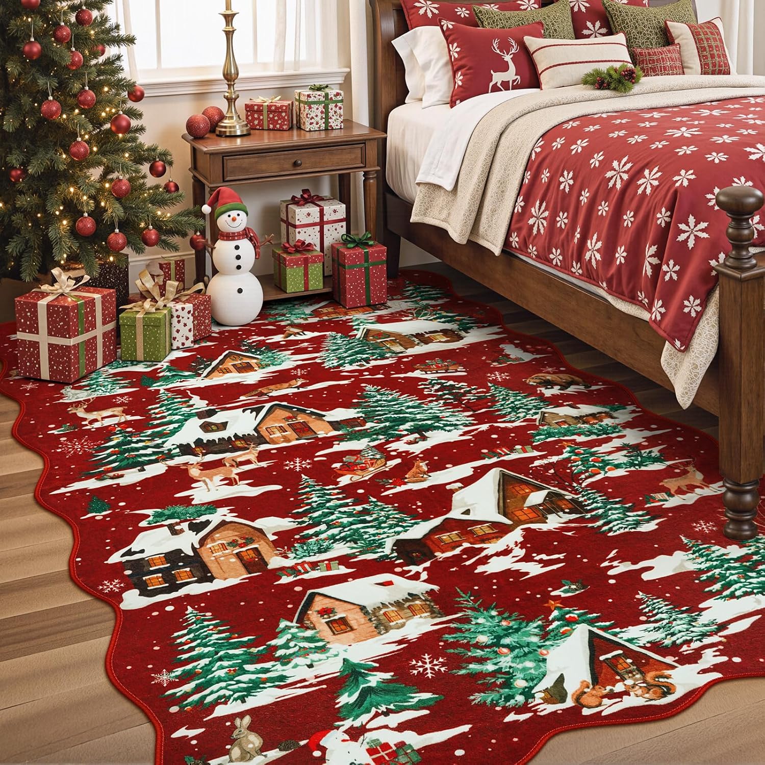 LIVEBOX Alfombra de Navidad lavable de 5 x 7 pies, alfombra roja para sala de estar, alfombras de árbol de Navidad para dormitorio, alfombra festoneada antideslizante bohemia para comedor, alfombra de