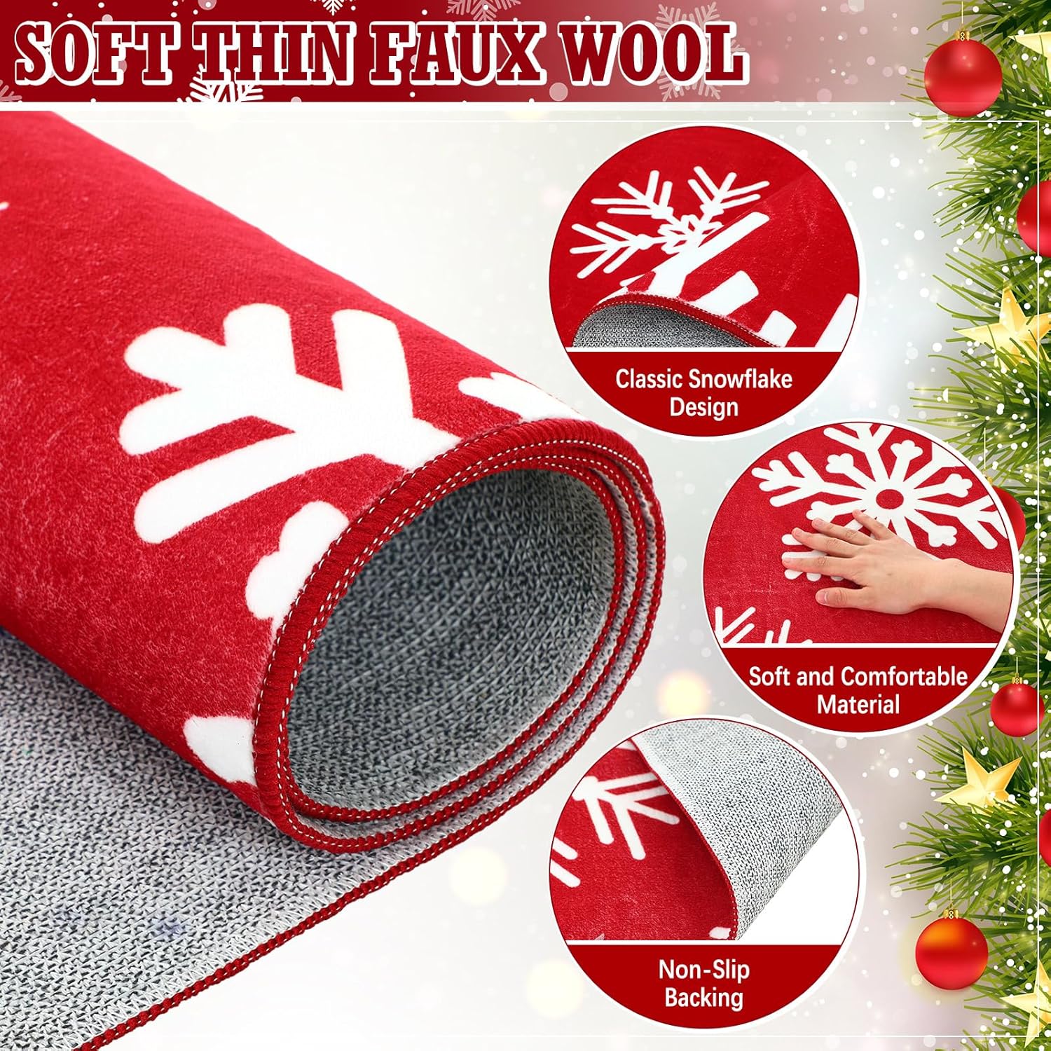 Alfombra de Navidad con diseño de copos de nieve, lavable, antideslizante, color rojo y blanco, tapete para puerta de invierno, decoración de vacaciones, para sala de estar, dormitorio,