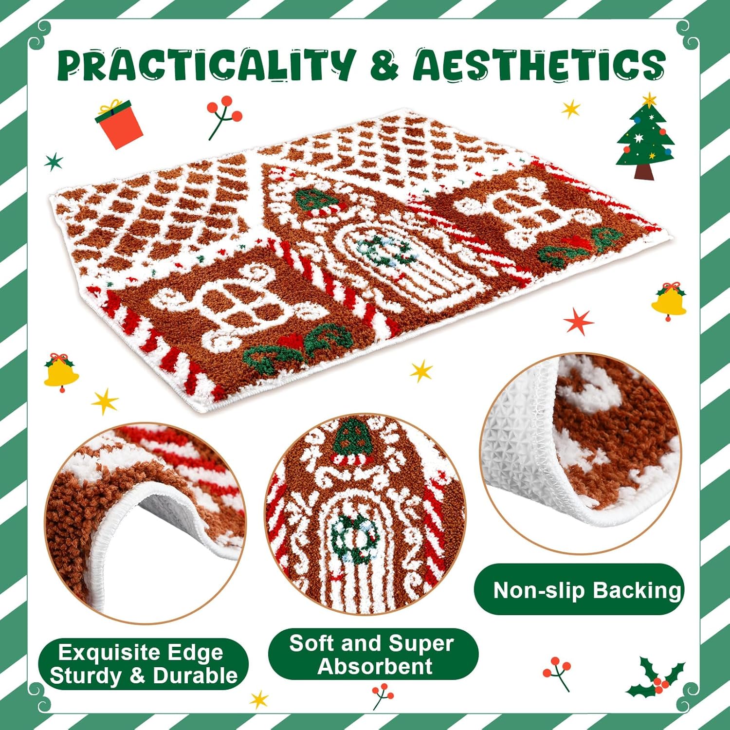Breling Tapete de Navidad con diseño de pan de jengibre, tapete de baño antideslizante para Navidad, suave, absorbente, para puerta delantera, sala de estar, 28.35 x 16.54 pulgadas