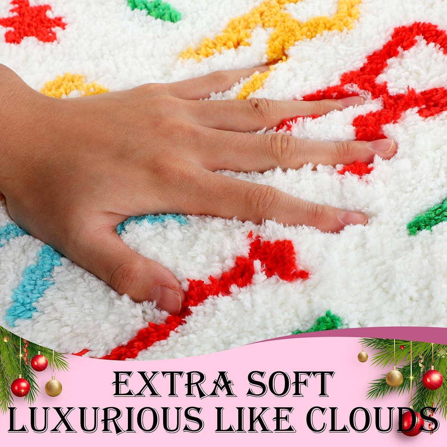 Juego de 2 alfombras de baño de Navidad de felpa suave rosa para árbol de Navidad, parte trasera antideslizante, lavable, absorbente para baño, alfombra decorativa de Navidad, invierno