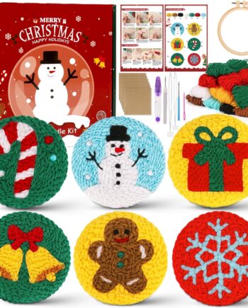 Sukhumvit Juego de 6 posavasos de aguja de punzonado de Navidad, juego de agujas de perforación para principiantes con 6 patrones copetudos, hilos, aros y almohadillas adhesivas, kit de posavasos