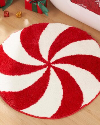 ELDONE Alfombras de baño con diseño de remolino de caramelo de Navidad, alfombra redonda roja festiva 3D, bonita alfombra de Navidad antideslizante para decoraciones de vacaciones de invierno, tapete