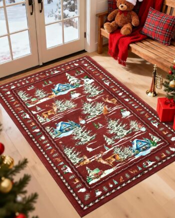 Alfombra de Navidad de 3 x 5 pulgadas, lavable a máquina, antideslizante, color rojo, para entrada, alfombra suave de Navidad para interiores, dormitorio, guardería, cocina, decoración del