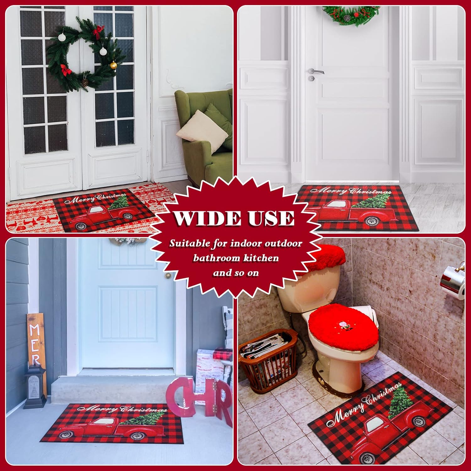 Tapete de Navidad, tapete decorativo de árbol de Navidad, lavable y antideslizante, tapete de piso de búfalo negro y rojo, para puerta de porche delantero, baño, 24 x 16 pulgadas (estilo fresco)