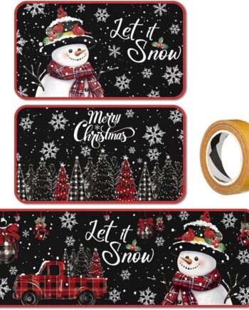 SATINIOR Juego de 3 alfombras y tapetes de cocina de Navidad, muñeco de nieve negro, antideslizantes, para puerta de nieve, casa de campo, lavable, tapete de Feliz Navidad para cocina, hogar, piso