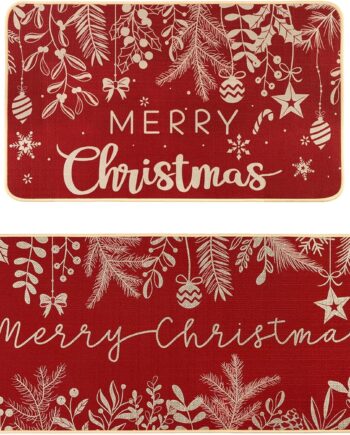 DIYDEC Juego de 2 tapetes de cocina de Navidad para el suelo, decoración de invierno, ramas de pino acebo, hojas rojas, alfombras de cocina para Navidad, cocina, dormitorio, decoración de granja