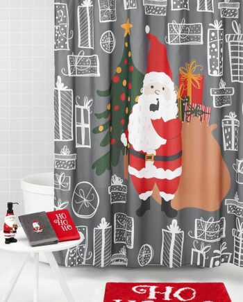 Juego de accesorios de baño de 17 piezas de Navidad con bomba de jabón líquido de resina, cortina de ducha, 12 ganchos de cortina, 2 toallas de mano, caja de regalo, decoración de Navidad, Papá Noel