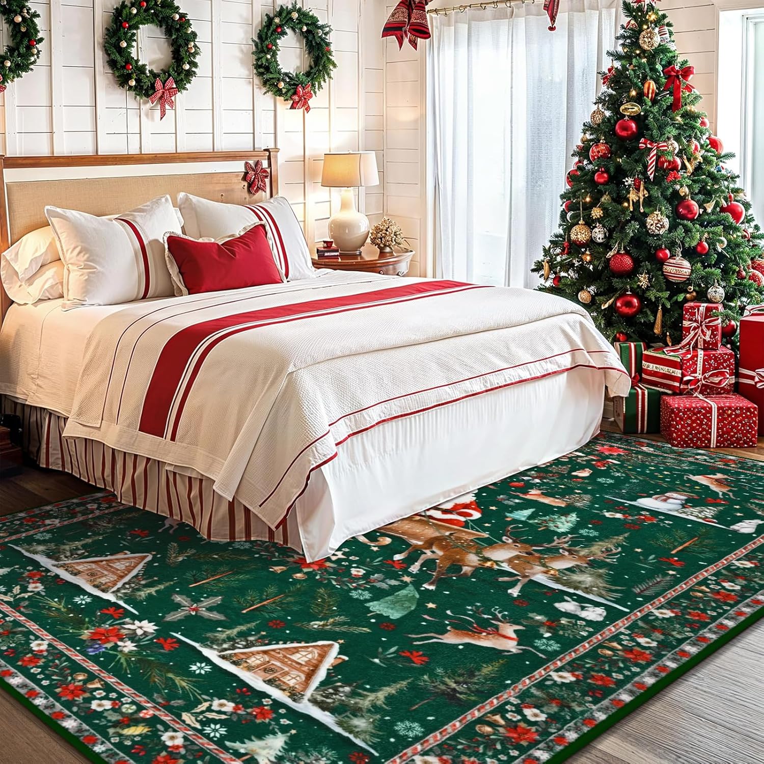 ASPMIZ Alfombra de Navidad de 8 x 10 pies, lavable, antideslizante, alfombra de Papá Noel para sala de estar, pelo corto, suave de lana sintética, para invierno, alfombra grande para dormitorio