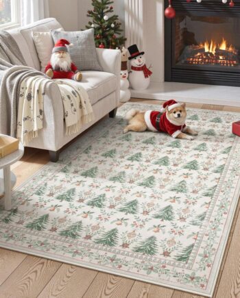 Alfombra navideña de 3 x 5 pies, lavable de color beige para dormitorio, ultrafina, antideslizante, con patrón de árbol, para sala de estar, cocina, entrada (3 x 5 pies, beige)