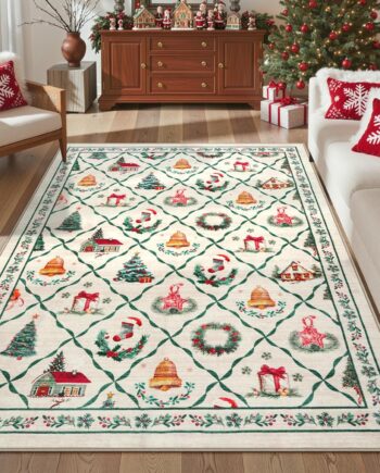 LIVEBOX Alfombra marroquí de Navidad lavable a máquina, de 5 x 7 pies, delgada, antideslizante, para sala de estar, dormitorio, alfombra verde neutra grande de pelo bajo para comedor, oficina, beige