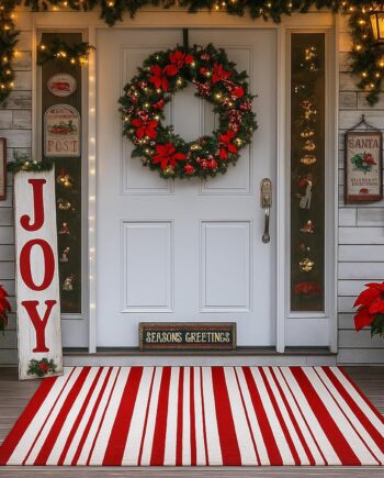 Duraaamo Alfombra de Navidad a rayas rojas y blancas de 24 x 35 pulgadas, alfombra de área de bastón de caramelo, lavable a máquina, tapete de puerta de porche frontal, tapete de Navidad en capas de