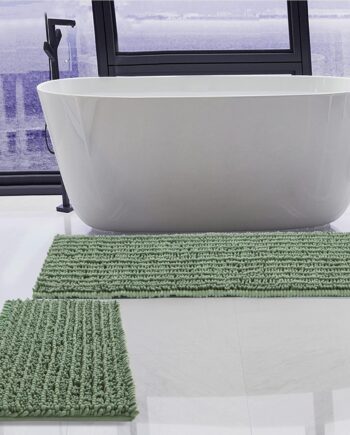 Juego de 2 alfombras de baño de felpilla de lujo, color verde salvia, parte inferior de goma termofusible gruesa para baño, antideslizantes, alfombras de baño de secado rápido, lavables a máquina,