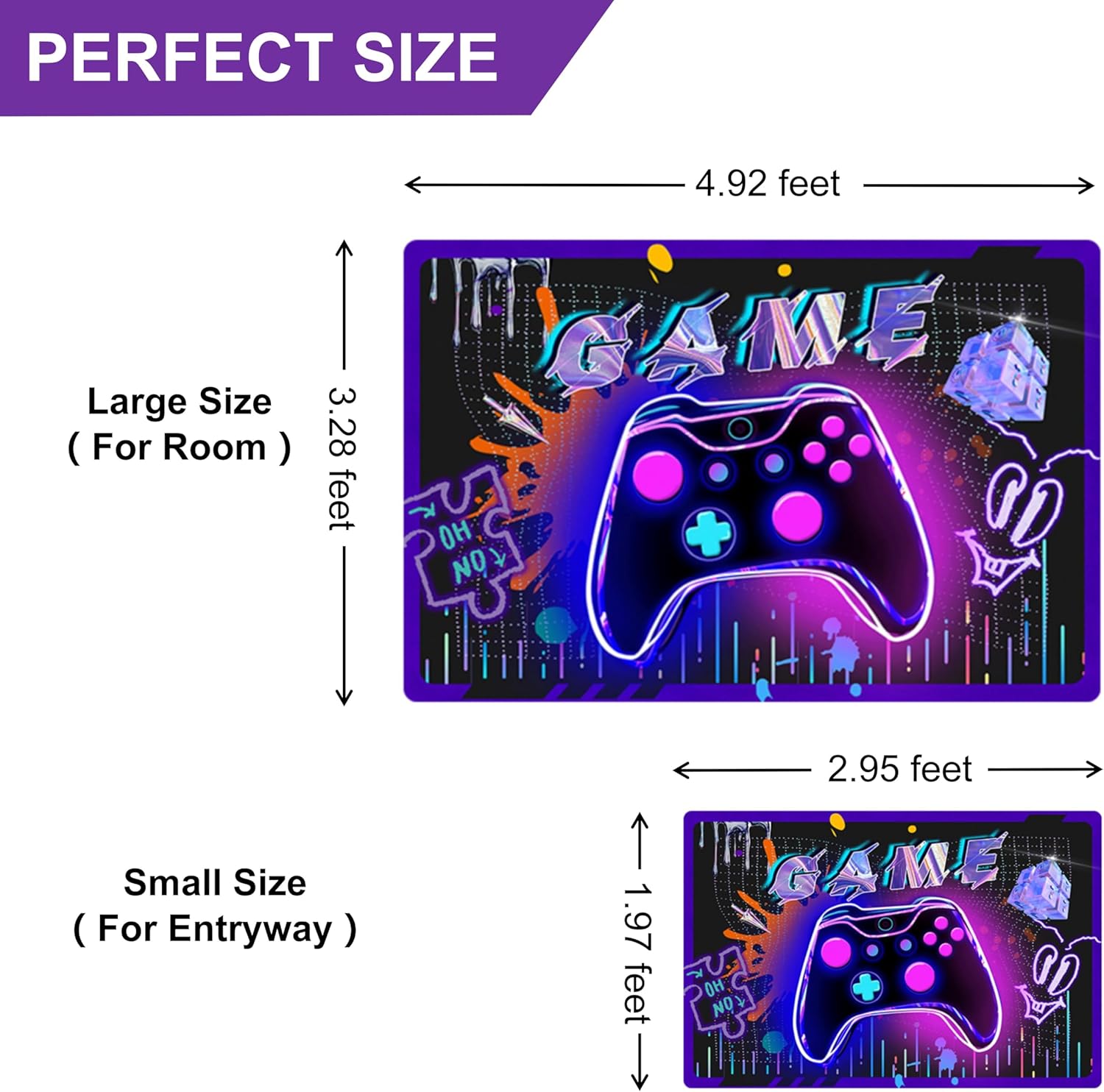 Alfombra de videojuegos para habitación de niños, 35 x 24 pulgadas, pequeña, colorida alfombra con controlador para entrada de sala de juegos, antideslizante, fácil de limpiar, decoración de cabecera