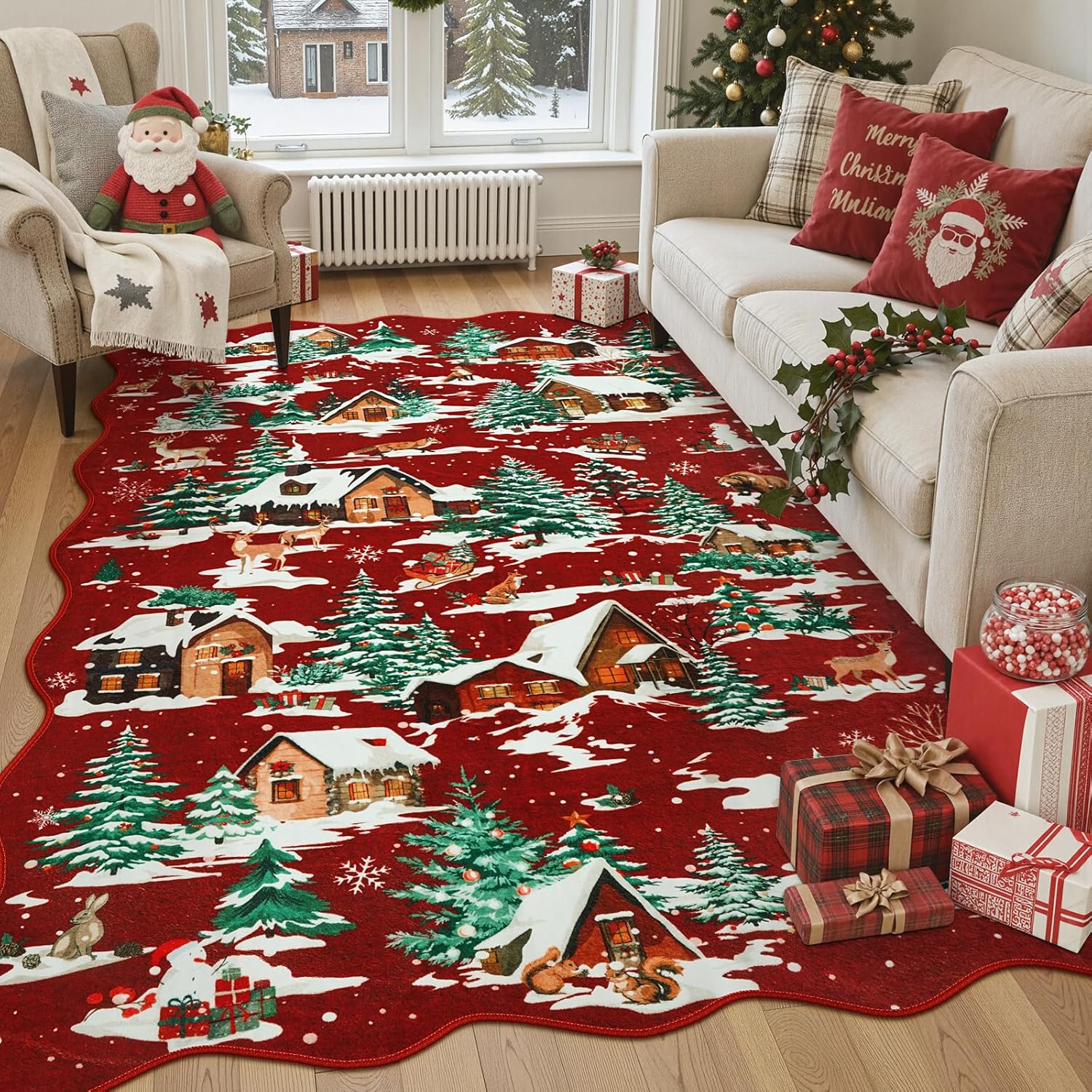 LIVEBOX Alfombra de Navidad lavable de 5 x 7 pies, alfombra roja para sala de estar, alfombras de árbol de Navidad para dormitorio, alfombra festoneada antideslizante bohemia para comedor, alfombra de
