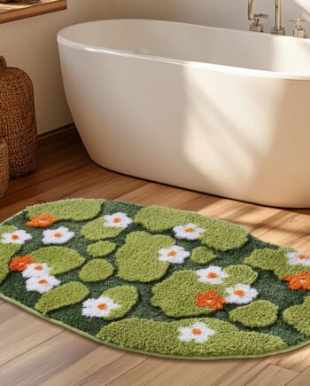 Alfombra de baño larga con musgo floral verde, ultra gruesa, suave, decoración estética 3D, bonita alfombra de baño copetuda, antideslizante, absorbente, lavable, para ducha, fregadero