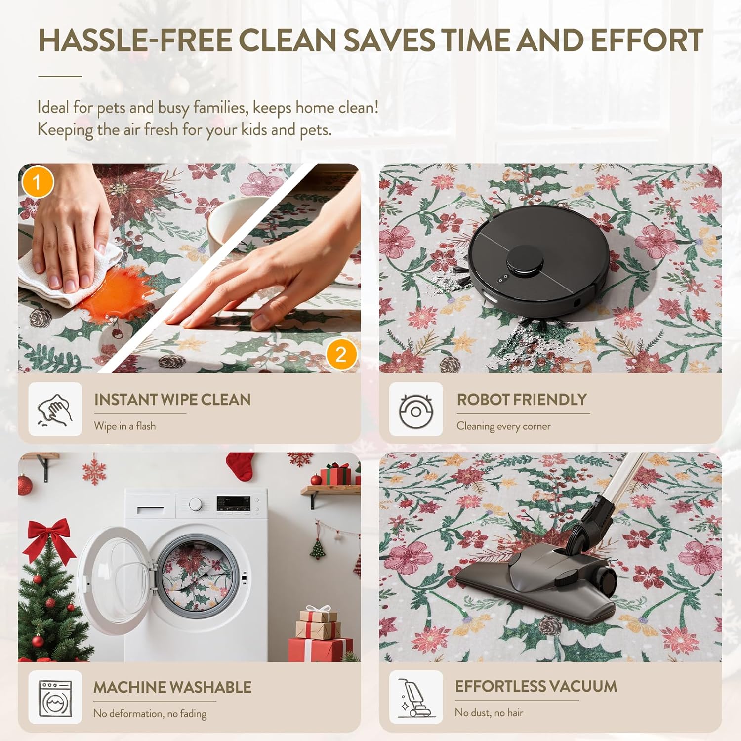 Wonnitar Tapete redondo y lavable de 5 pies, para Navidad, para dormitorio y habitación niños, con estampado de flores de Pascua, bohemio, para comedor, sala o debajo del árbol de Navidad, decorativo