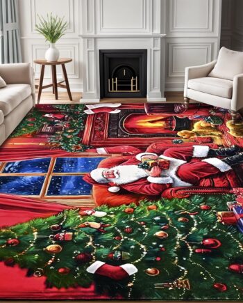 FRAMICS Alfombras de Navidad de 5 × 7 para interiores, chimenea de Papá Noel y árbol de Navidad, alfombra lavable antideslizante para dormitorio, sala de estar, lavandería, interior, decoración del