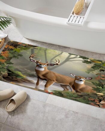 JAWO Tapete de baño de caza de camuflaje, diseño de ciervo de cola blanca en el bosque brumoso, diseño de ciervo, 19 x 31 pulgadas