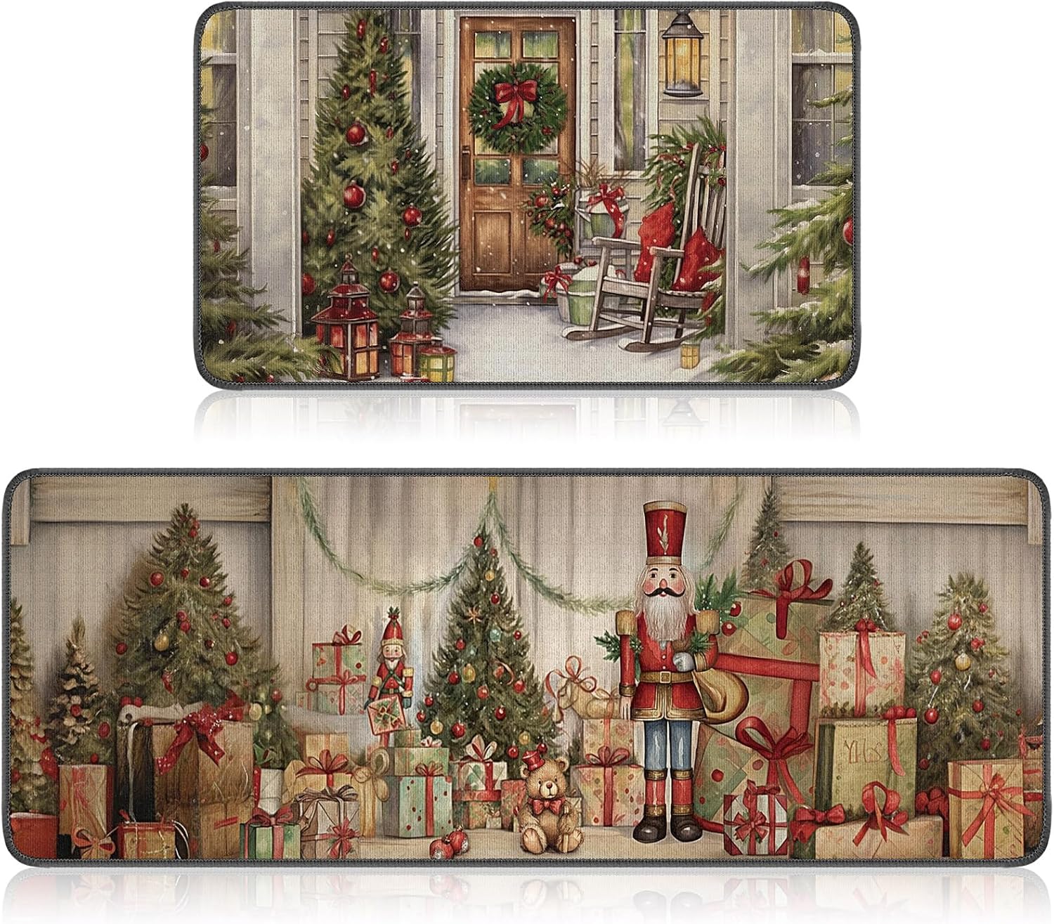 Ceenna Juego de 2 alfombras y tapetes de cocina de invierno, copos de nieve, renos, vacaciones, fregadero, cocina, baño, árbol de Navidad, decoración para el hogar, 17 x 30 pulgadas, 17 x 47 pulgadas