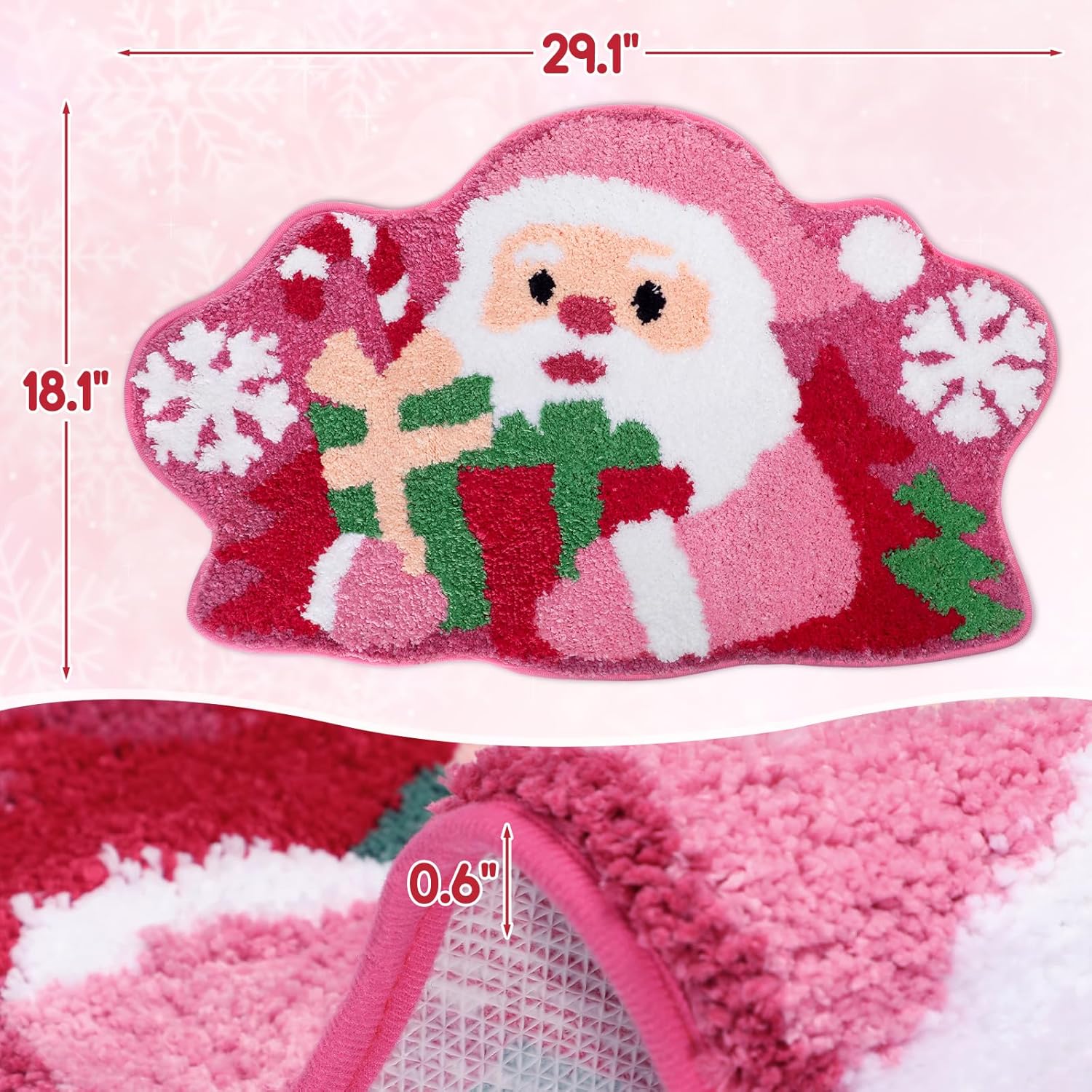 Percozzi Tapete de baño de Navidad rosa con Papá Noel, antideslizante, para baño, cocina, suave, absorbente, rosa, decoración de Navidad, Santaclaus, bonita alfombra de baño de regalo de Navidad, 29.1