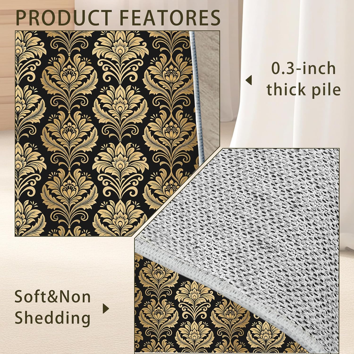 Alfombra dorada de flores de damasco negro para sala de estar, antideslizante, lavable, de pelo bajo, alfombra de diseño abstracto, ahorro de espacio para dormitorio, comedor