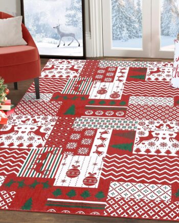 RUGSREAL Alfombra de Navidad lavable a máquina, con patrón de retazos navideños, plegable, decorativa, alfombra de decoración de casa de campo, para mesa de comedor, dormitorio, alfombra de piso, 3 x