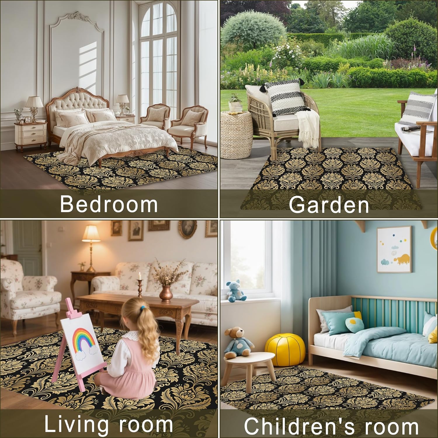 Alfombra dorada de flores de damasco negro para sala de estar, antideslizante, lavable, de pelo bajo, alfombra de diseño abstracto, ahorro de espacio para dormitorio, comedor