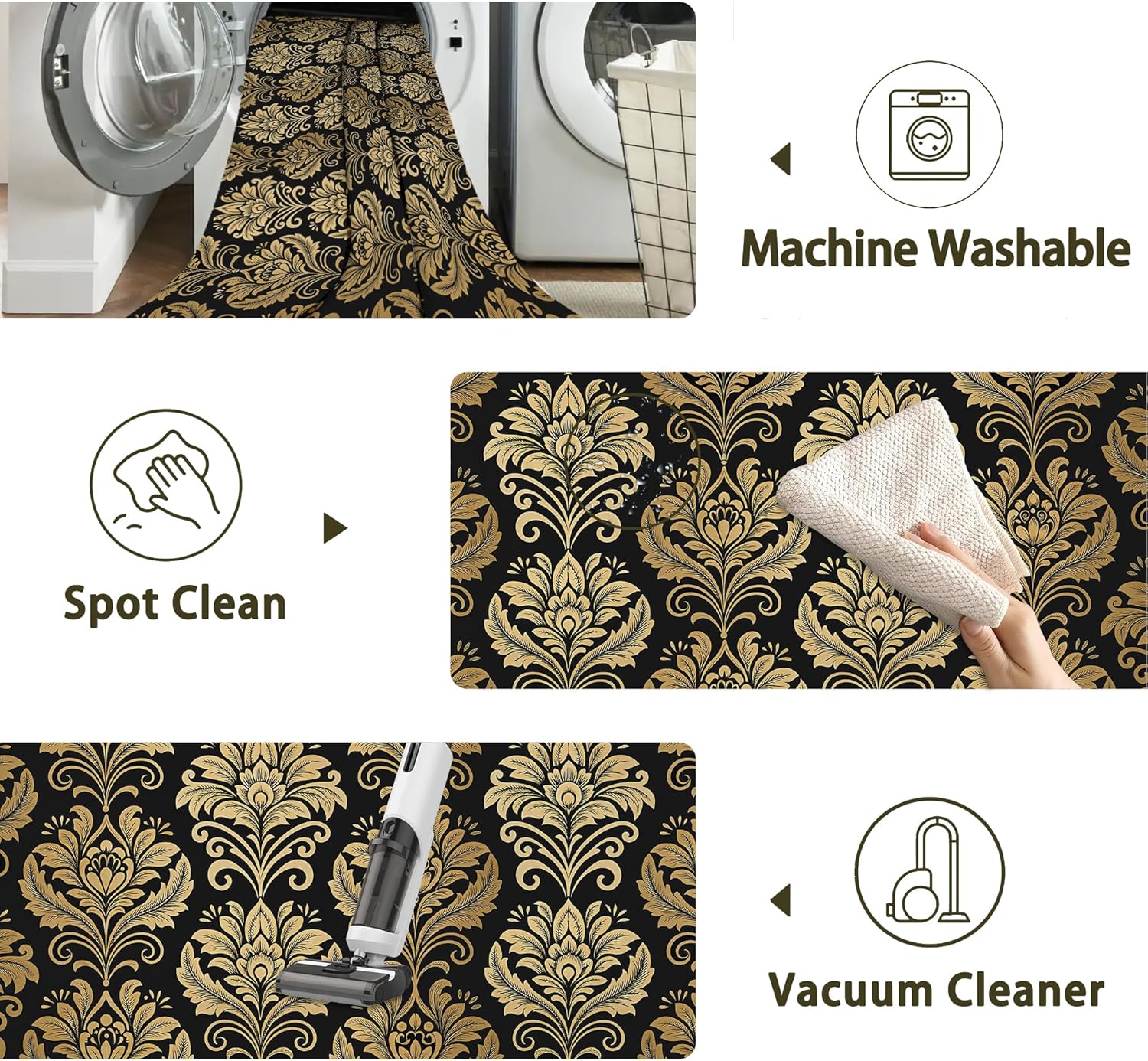 Alfombra dorada de flores de damasco negro para sala de estar, antideslizante, lavable, de pelo bajo, alfombra de diseño abstracto, ahorro de espacio para dormitorio, comedor